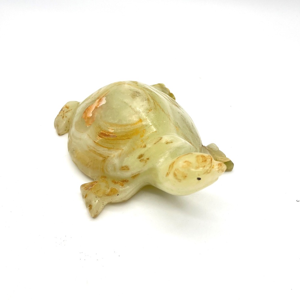 Vintage Hand Carved Green Onyx Turtle Figurine Banded Stone Tortoise